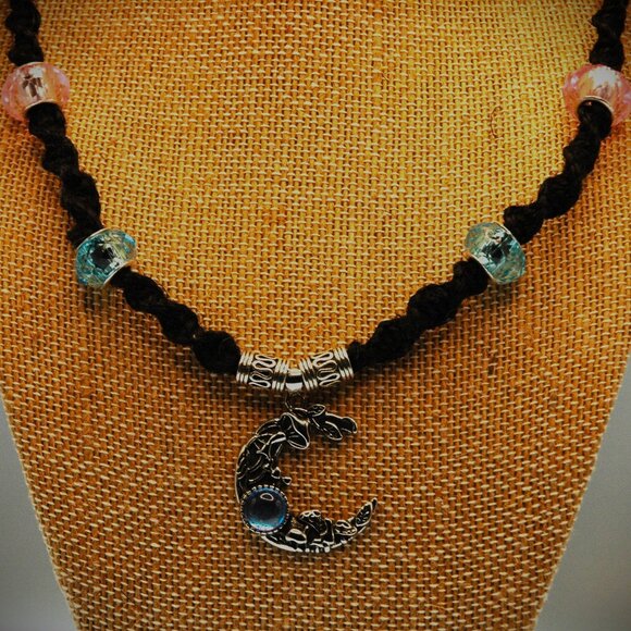 Art Nouveau Celestial Crescent Moon on an 18 1/2" Handmade Black Hemp Necklace - Picture 3 of 5
